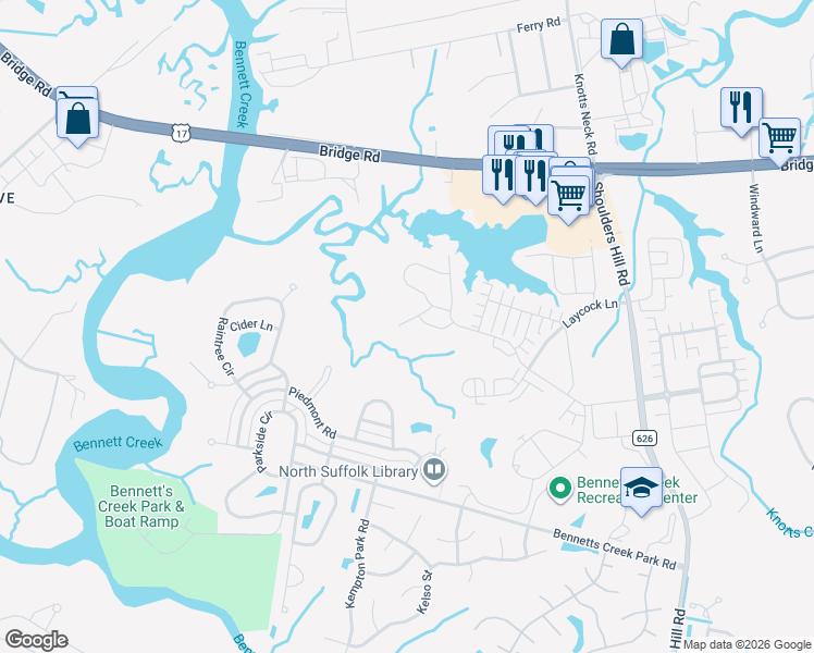 map of restaurants, bars, coffee shops, grocery stores, and more near 2219 Tuliptree Circle in Suffolk