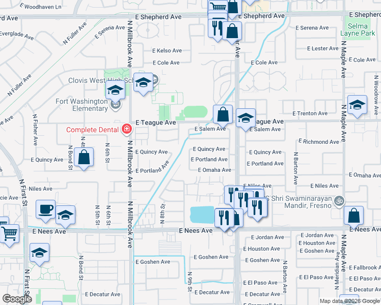 map of restaurants, bars, coffee shops, grocery stores, and more near 1313 East Portland Avenue in Fresno