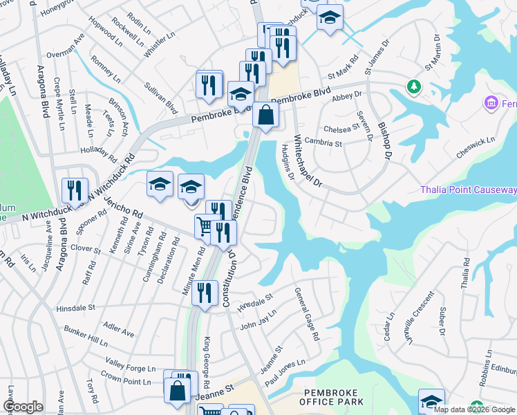 map of restaurants, bars, coffee shops, grocery stores, and more near 4513 Hessian Court in Virginia Beach