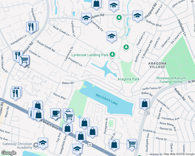 map of restaurants, bars, coffee shops, grocery stores, and more near 5549 Bulls Bay Drive in Virginia Beach