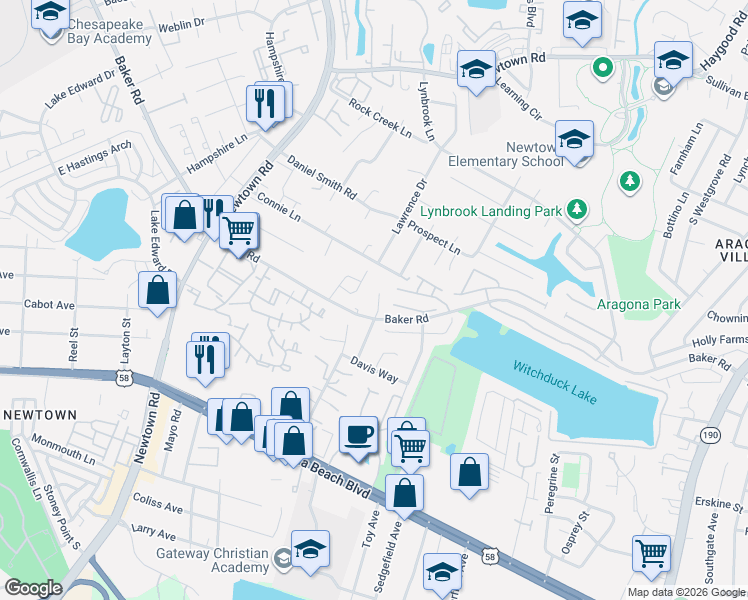 map of restaurants, bars, coffee shops, grocery stores, and more near 655 Aubrey Drive in Virginia Beach