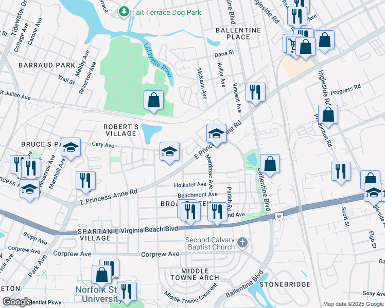 map of restaurants, bars, coffee shops, grocery stores, and more near 2832 Merrimac Court in Norfolk