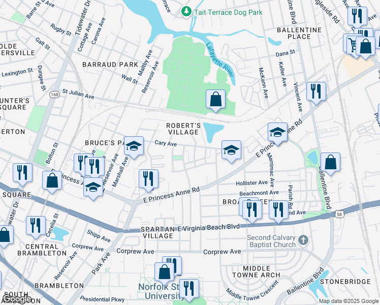 map of restaurants, bars, coffee shops, grocery stores, and more near 2524 Joe Austin Drive in Norfolk
