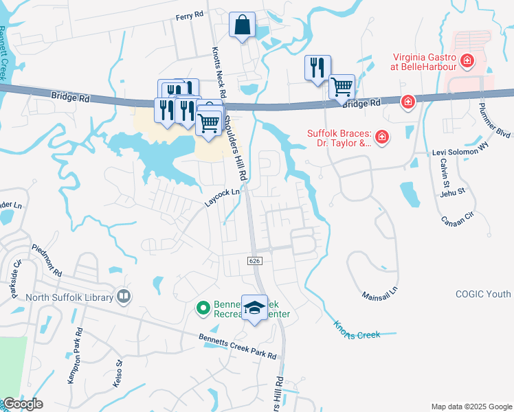 map of restaurants, bars, coffee shops, grocery stores, and more near 919 Vineyard Place in Suffolk