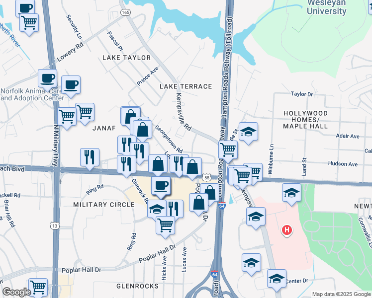 map of restaurants, bars, coffee shops, grocery stores, and more near 1060 Georgetown Road in Norfolk