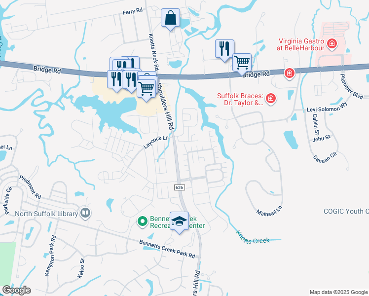 map of restaurants, bars, coffee shops, grocery stores, and more near 919 Vineyard Place in Suffolk