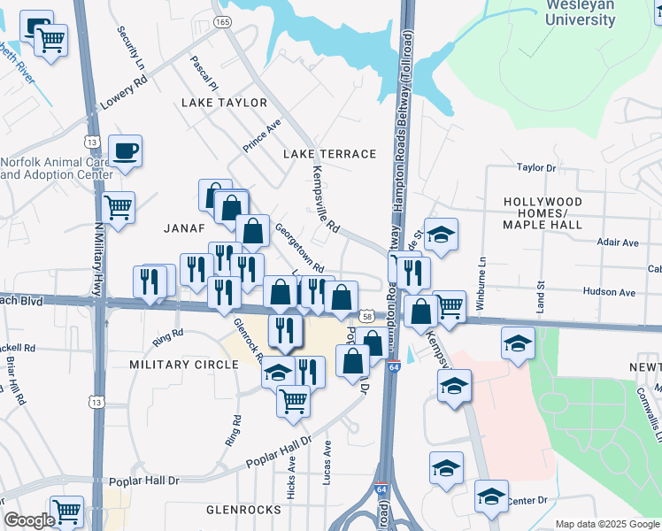 map of restaurants, bars, coffee shops, grocery stores, and more near 1060 Georgetown Road in Norfolk