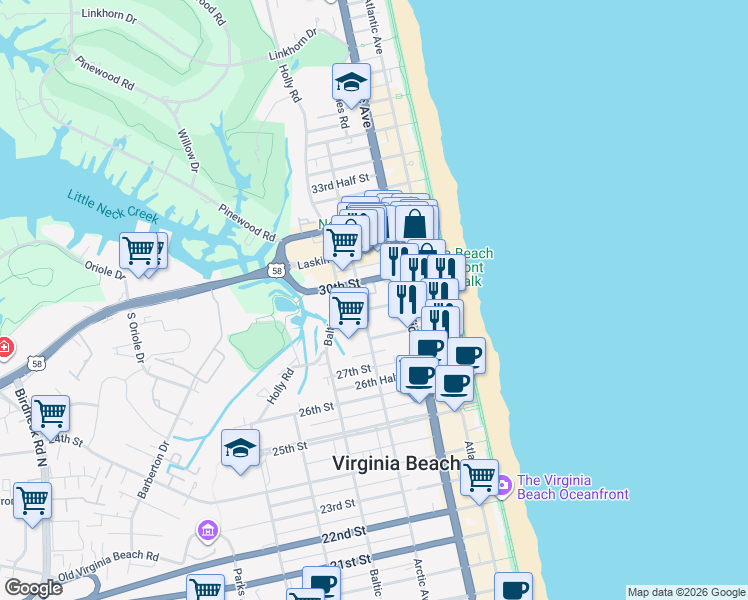 map of restaurants, bars, coffee shops, grocery stores, and more near 2800 Pacific Avenue in Virginia Beach