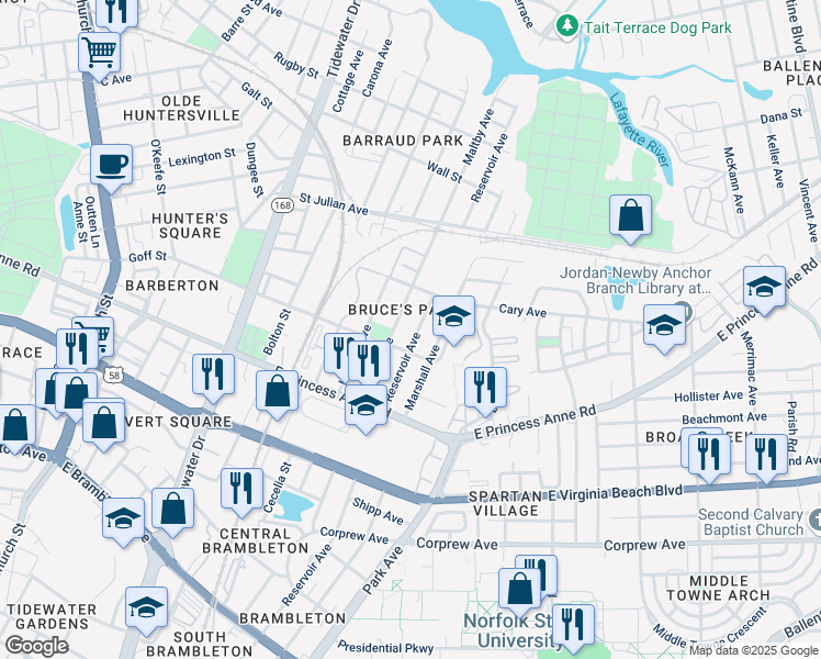 map of restaurants, bars, coffee shops, grocery stores, and more near 1319 Reservoir Avenue in Norfolk