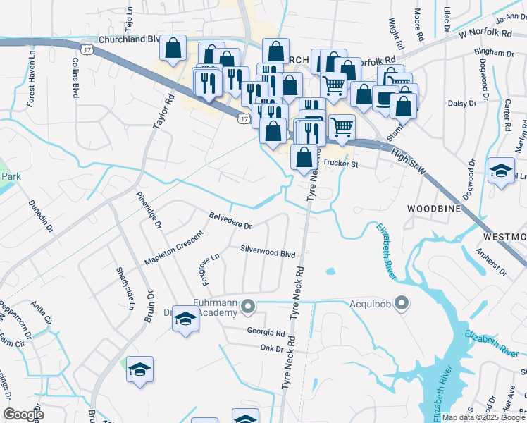 map of restaurants, bars, coffee shops, grocery stores, and more near 4045 Belvedere Drive in Chesapeake