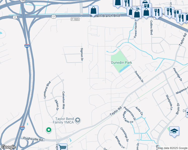 map of restaurants, bars, coffee shops, grocery stores, and more near 3504 Challis Court in Chesapeake