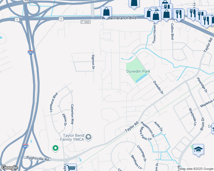 map of restaurants, bars, coffee shops, grocery stores, and more near 3504 Challis Court in Chesapeake