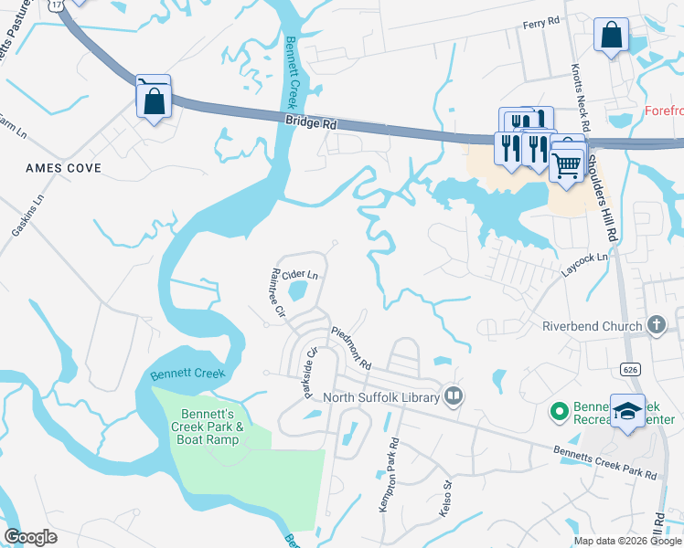 map of restaurants, bars, coffee shops, grocery stores, and more near 3458 Raintree Circle in Suffolk