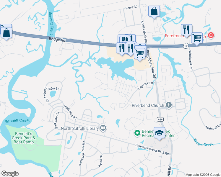 map of restaurants, bars, coffee shops, grocery stores, and more near 5543 Shoulders Hill Road in Suffolk