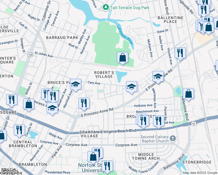 map of restaurants, bars, coffee shops, grocery stores, and more near 1363 Johnnie Branch Street in Norfolk
