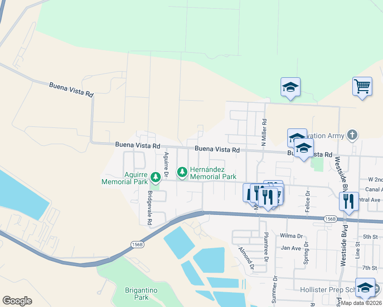 map of restaurants, bars, coffee shops, grocery stores, and more near 1660 Buena Vista Road in Hollister