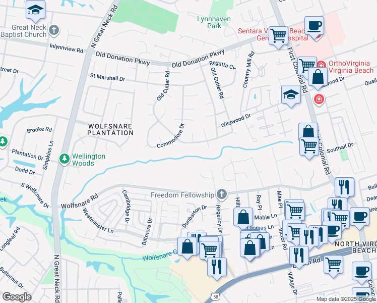 map of restaurants, bars, coffee shops, grocery stores, and more near 905 Old Cutler Road in Virginia Beach