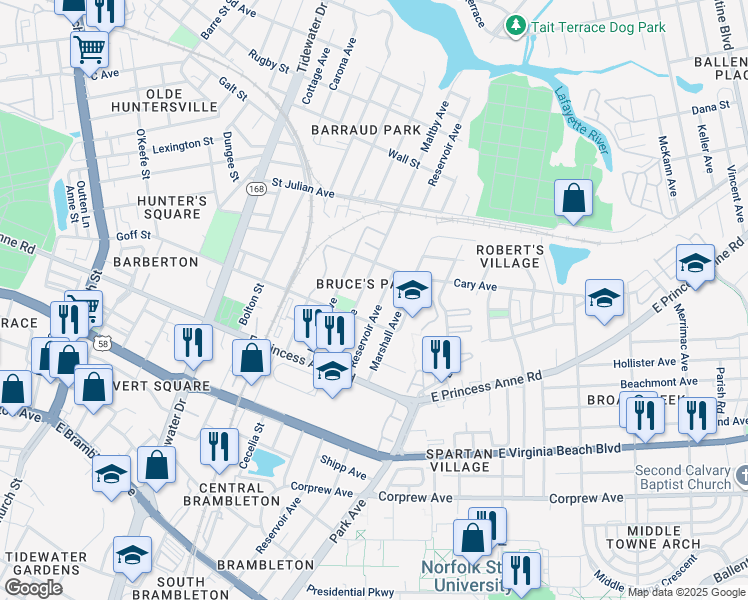 map of restaurants, bars, coffee shops, grocery stores, and more near 1319 Reservoir Avenue in Norfolk