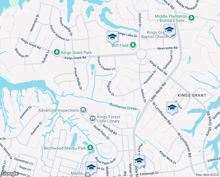 map of restaurants, bars, coffee shops, grocery stores, and more near 620 Kingston Drive in Virginia Beach