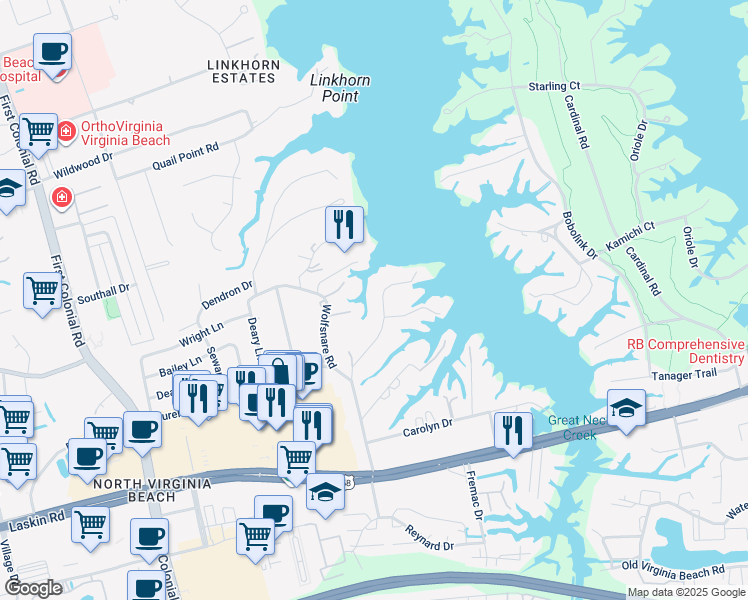 map of restaurants, bars, coffee shops, grocery stores, and more near 923 Winwood Drive in Virginia Beach