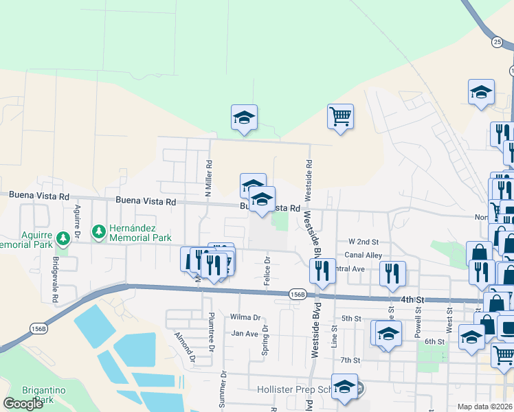 map of restaurants, bars, coffee shops, grocery stores, and more near 1221 Buena Vista Road in Hollister