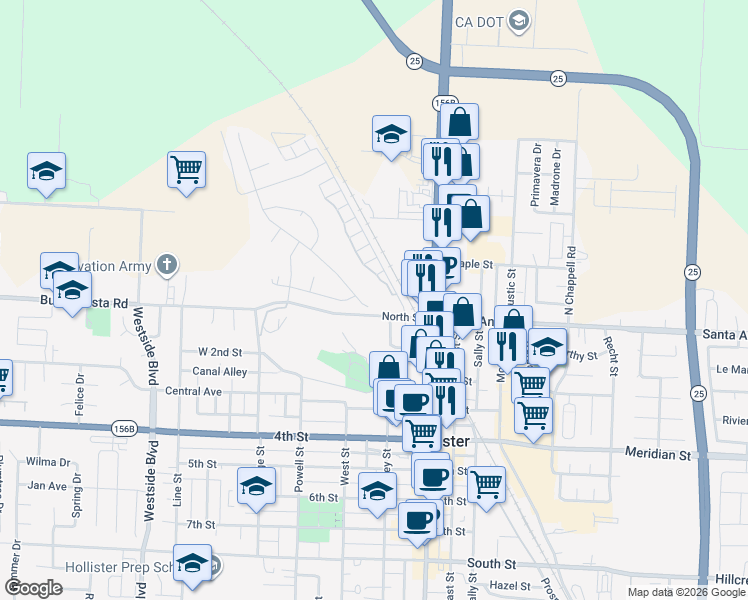 map of restaurants, bars, coffee shops, grocery stores, and more near 110 San Felipe Road in Hollister
