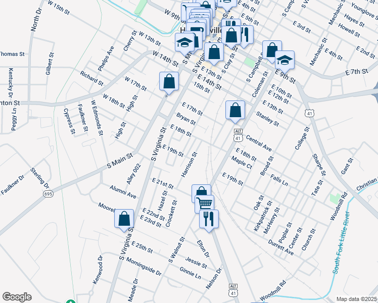 map of restaurants, bars, coffee shops, grocery stores, and more near Hopper Court in Hopkinsville