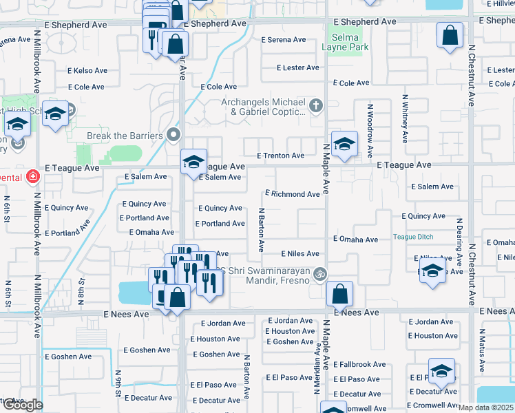 map of restaurants, bars, coffee shops, grocery stores, and more near 8360 North Chance Avenue in Fresno