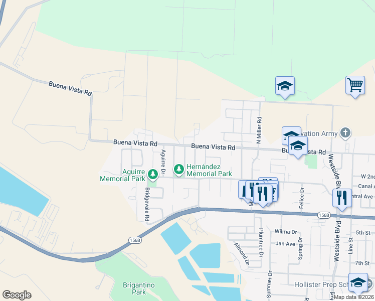 map of restaurants, bars, coffee shops, grocery stores, and more near 1660 Buena Vista Road in Hollister