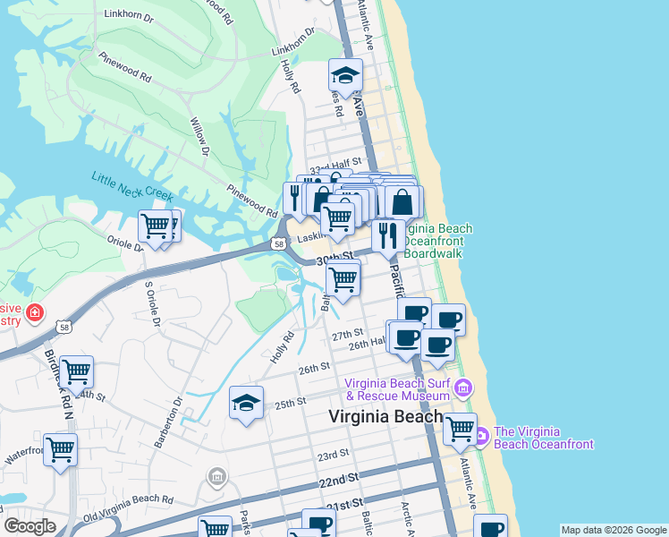 map of restaurants, bars, coffee shops, grocery stores, and more near 401 30th Street in Virginia Beach