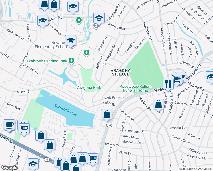 map of restaurants, bars, coffee shops, grocery stores, and more near 600 South Westgrove Road in Virginia Beach