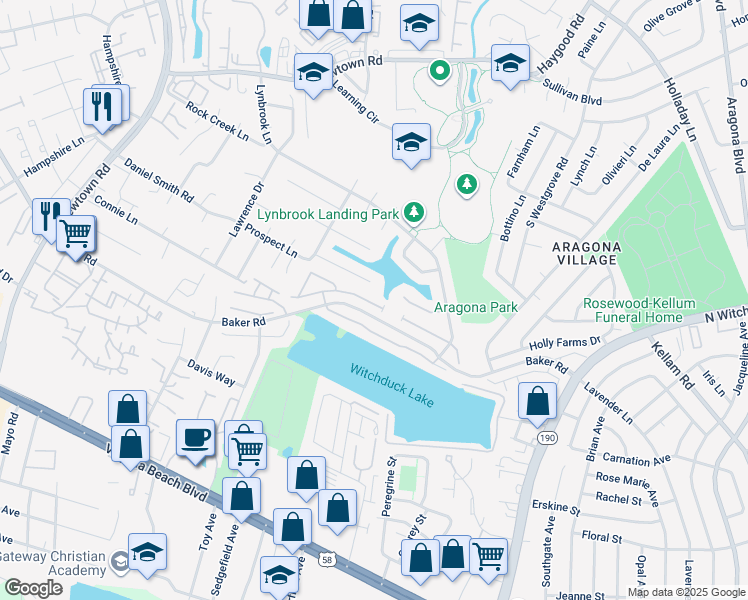 map of restaurants, bars, coffee shops, grocery stores, and more near 5400 Sweetwater Court in Virginia Beach