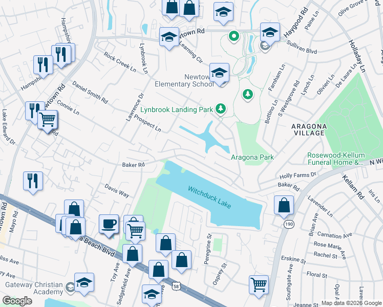 map of restaurants, bars, coffee shops, grocery stores, and more near 5429 Sweetwater Court in Virginia Beach