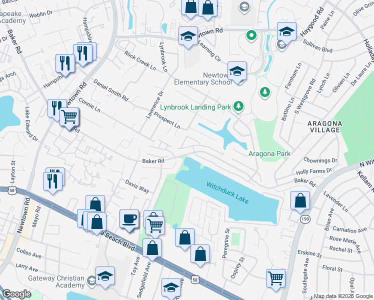 map of restaurants, bars, coffee shops, grocery stores, and more near 628 Pawleys Arch in Virginia Beach
