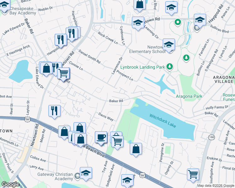 map of restaurants, bars, coffee shops, grocery stores, and more near 5448 Connie Lane in Virginia Beach