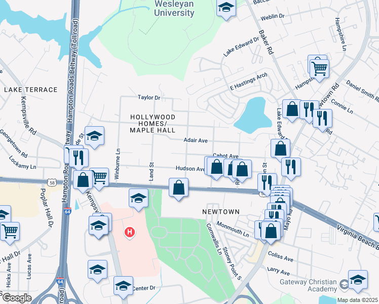 map of restaurants, bars, coffee shops, grocery stores, and more near 6411 Adair Avenue in Norfolk