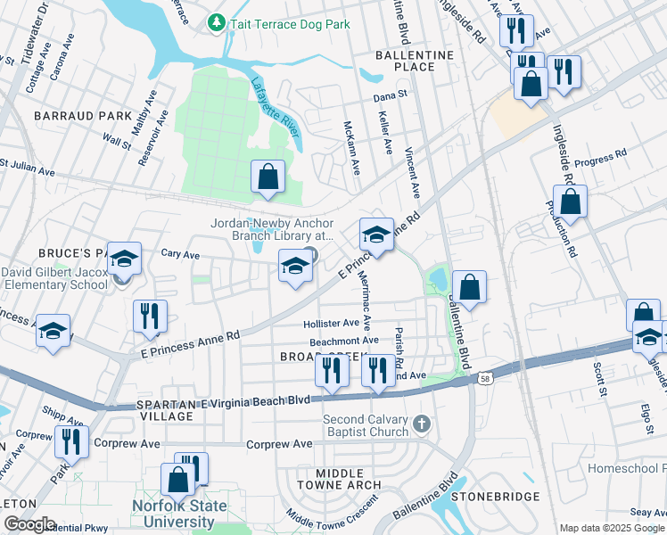 map of restaurants, bars, coffee shops, grocery stores, and more near 1437 Merrimac Avenue in Norfolk