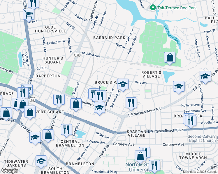 map of restaurants, bars, coffee shops, grocery stores, and more near 1336 Hanson Avenue in Norfolk