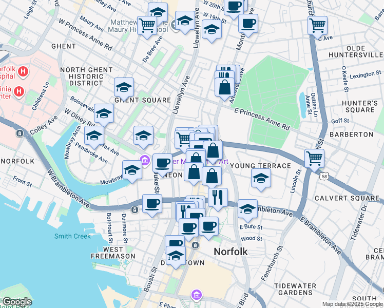 map of restaurants, bars, coffee shops, grocery stores, and more near 888 Magazine Lane in Norfolk