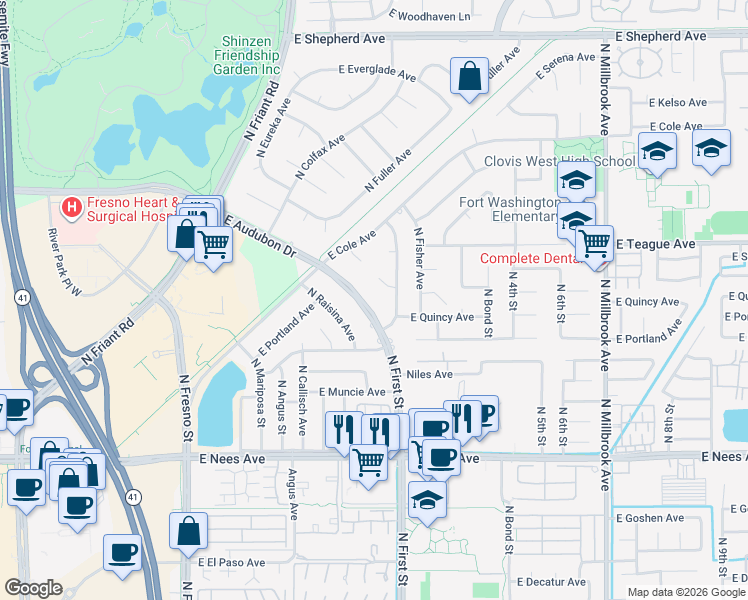 map of restaurants, bars, coffee shops, grocery stores, and more near 406 East Audubon Drive in Fresno
