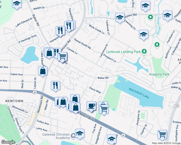 map of restaurants, bars, coffee shops, grocery stores, and more near 604 Revival Lane in Virginia Beach