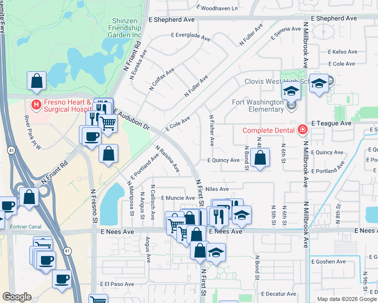 map of restaurants, bars, coffee shops, grocery stores, and more near 406 East Audubon Drive in Fresno
