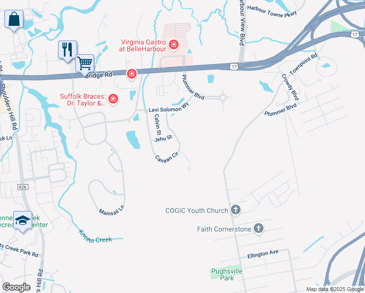map of restaurants, bars, coffee shops, grocery stores, and more near 354 Canaan Circle in Suffolk