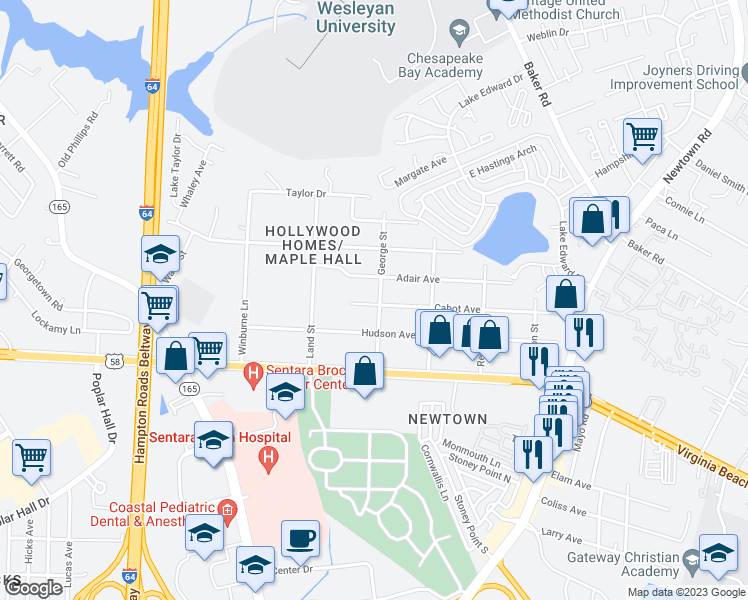 map of restaurants, bars, coffee shops, grocery stores, and more near 1129 George Street in Norfolk