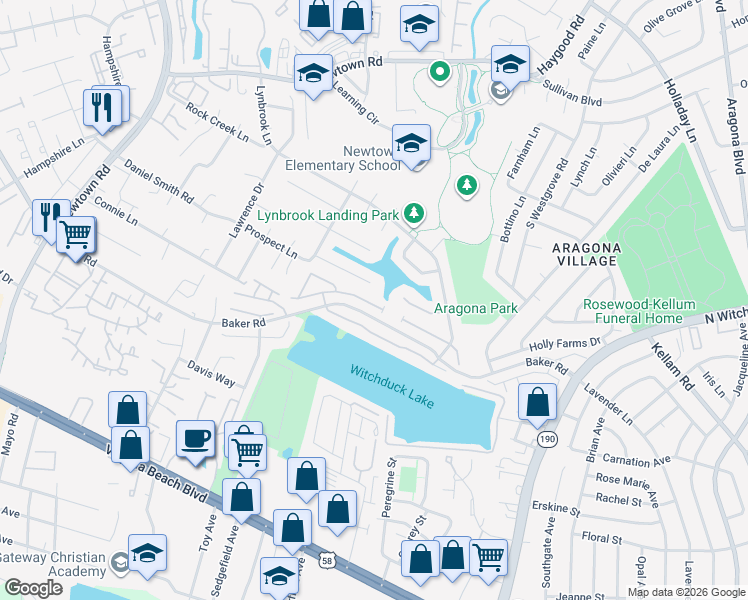 map of restaurants, bars, coffee shops, grocery stores, and more near 5400 Sweetwater Court in Virginia Beach