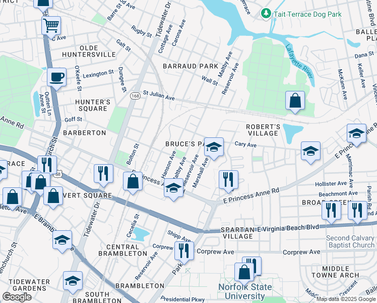 map of restaurants, bars, coffee shops, grocery stores, and more near 1324 Maltby Avenue in Norfolk
