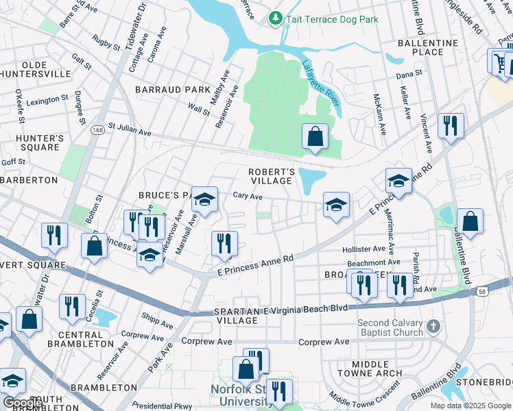 map of restaurants, bars, coffee shops, grocery stores, and more near 1286 Herbert Collins Way in Norfolk