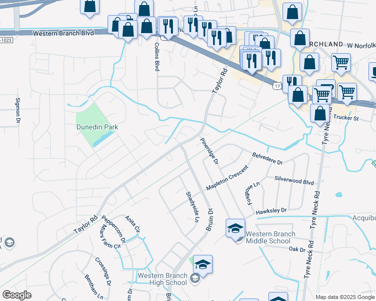 map of restaurants, bars, coffee shops, grocery stores, and more near 3337 Bruin Drive in Chesapeake
