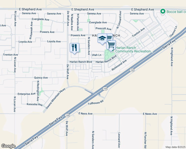 map of restaurants, bars, coffee shops, grocery stores, and more near 3638 Etchings Way in Clovis