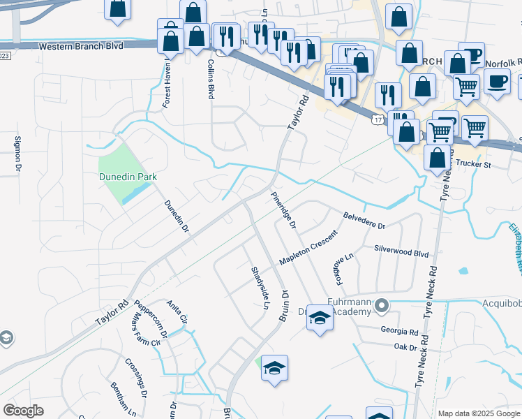 map of restaurants, bars, coffee shops, grocery stores, and more near 4208 Pineridge Court in Chesapeake